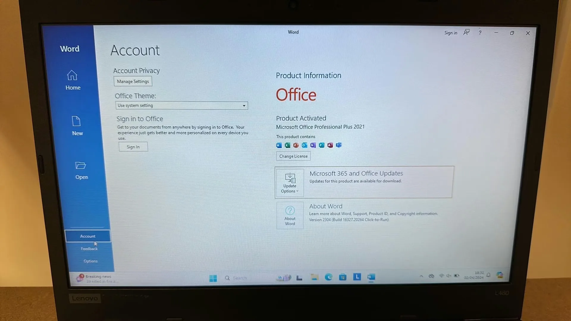 Lenovo Thinkpad L480 - Intel Core I5-8250U - 8GB RAM - 128GB SSD - 14" Screen with Windows 11 Pro and Office 2021 Professional Plus - product detail image 2 of 9